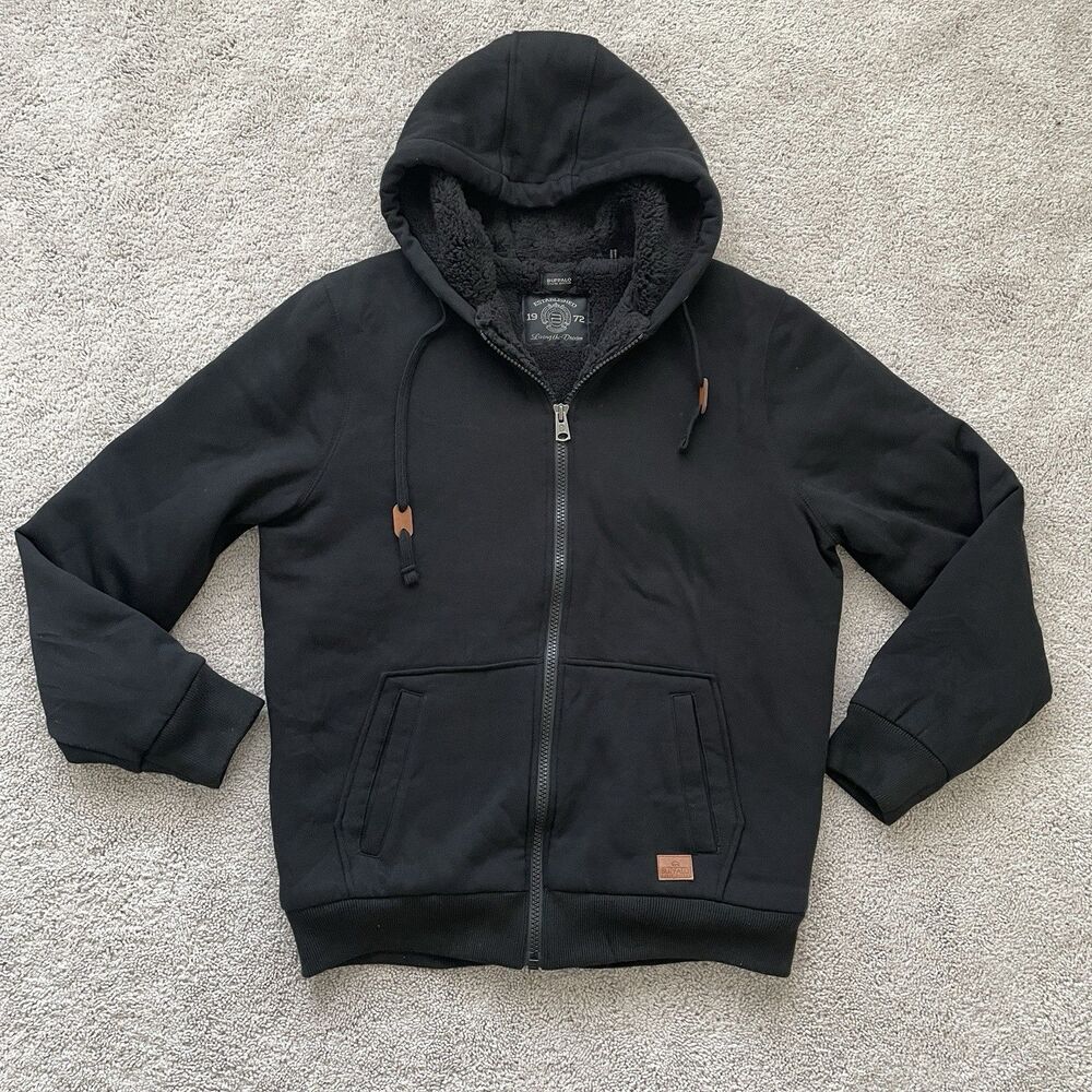 Buffalo David Bitton Hoodie Mens Large Black Sherpa Lined Zip Fleece Jacket
